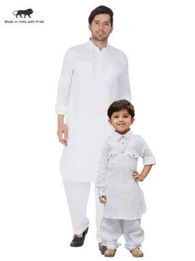 Jashvi Cotton Blend White Baap Beta Pathani Kurta & Pyjama Set