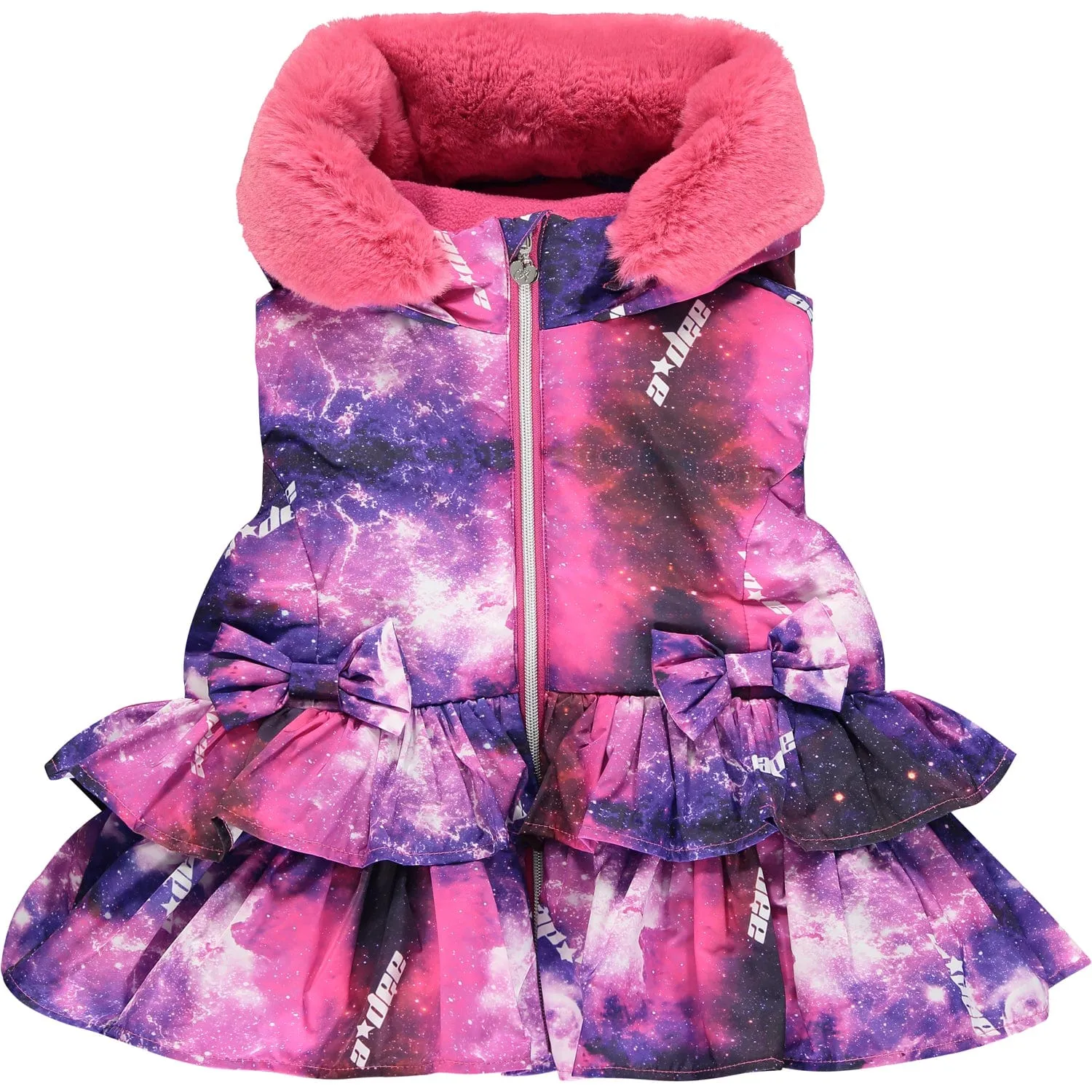 A DEE - Maya Faux Fur Hooded Galaxy Print Gilet - Pink Glaze