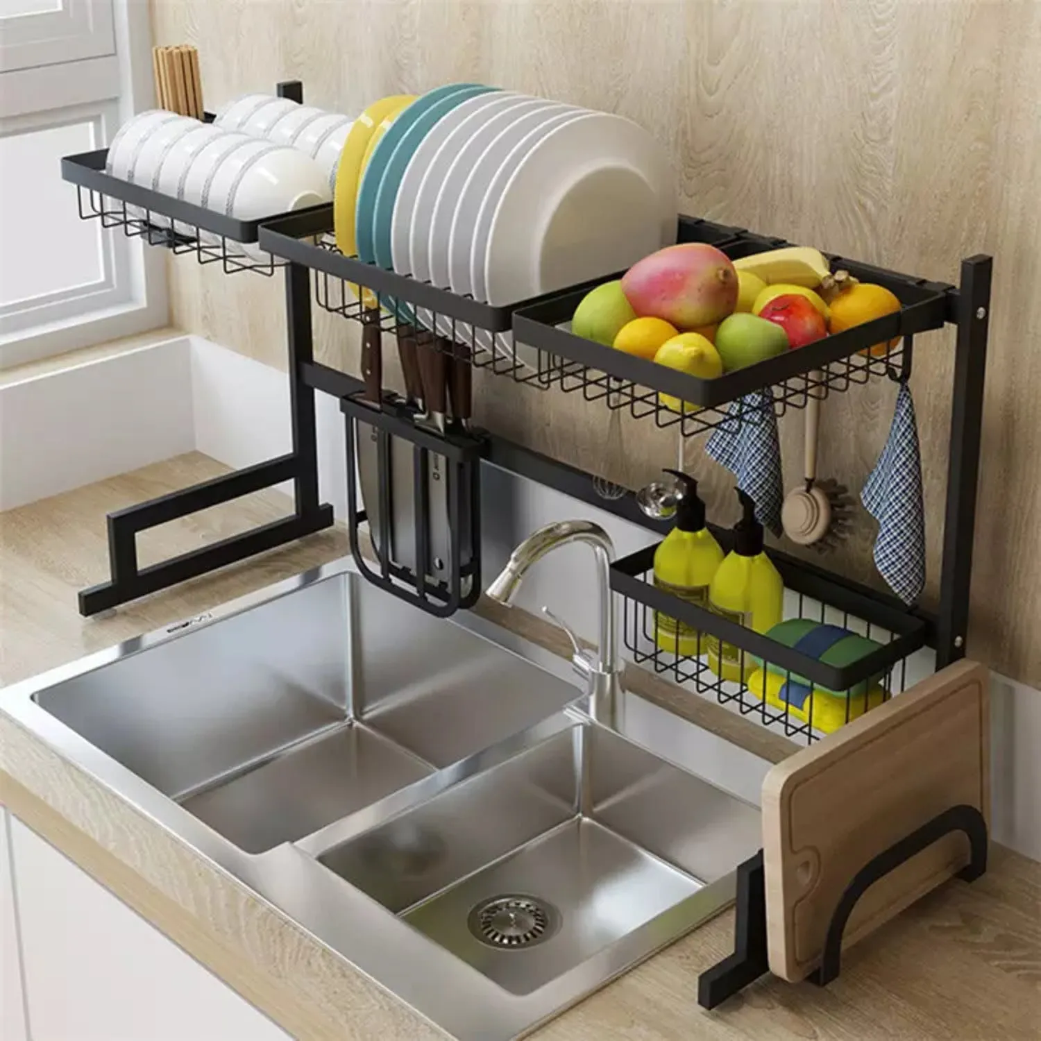 Adjustable Dishwasher Safe Over Sink Dish Drying Rack, Stainless Steel with 8 Components - GOMINIMO