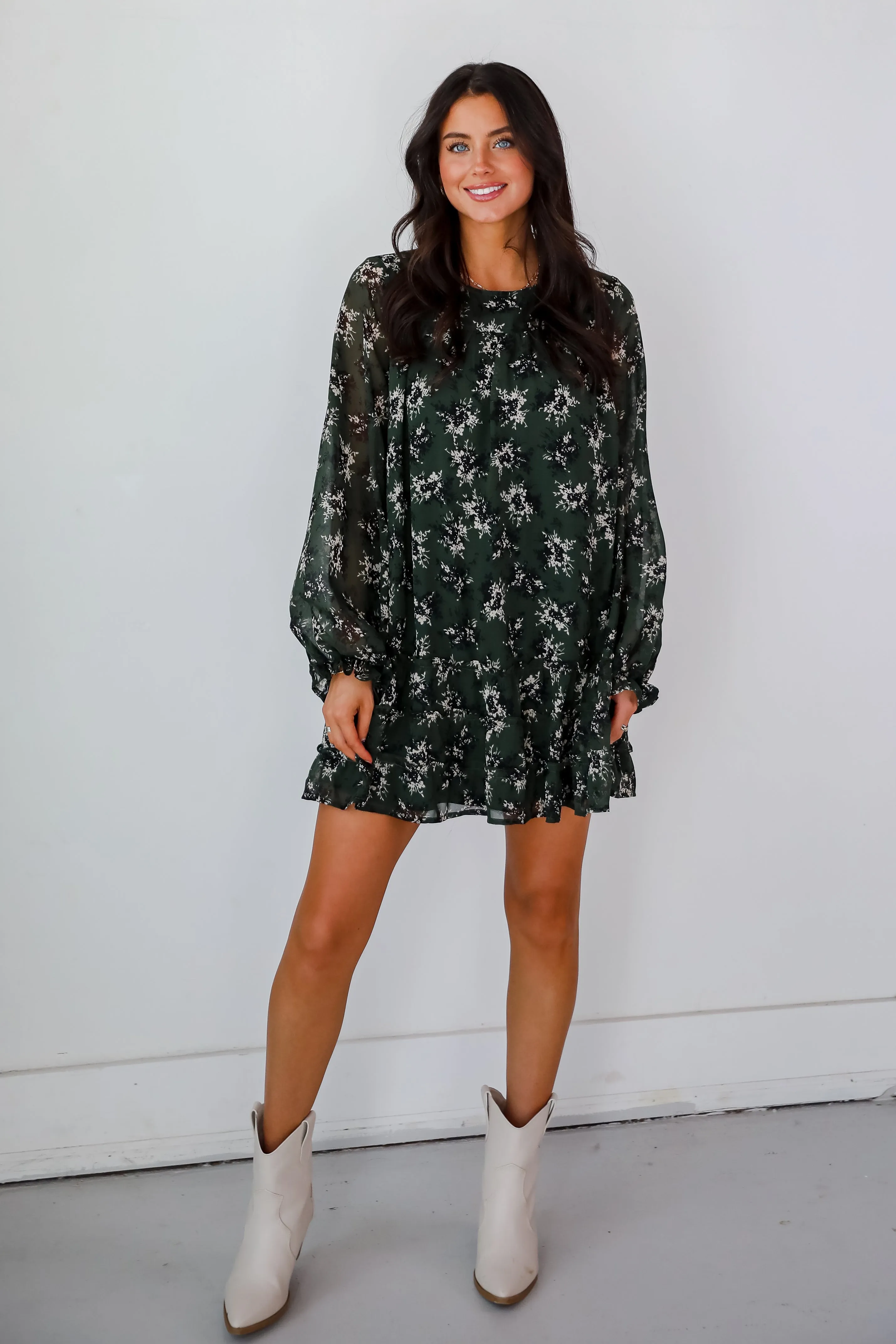 Adorably Flirty Hunter Green Floral Mini Dress