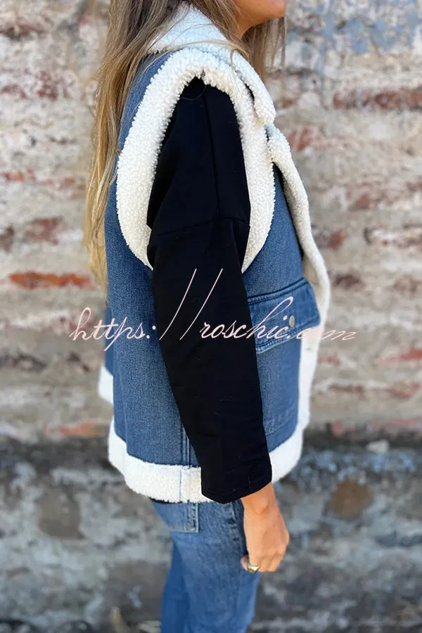 Autumn and Winter Motorcycle Faux Fur One-piece Denim Lapel Pocketed Vest Jacket