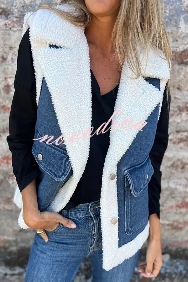 Autumn and Winter Motorcycle Faux Fur One-piece Denim Lapel Pocketed Vest Jacket