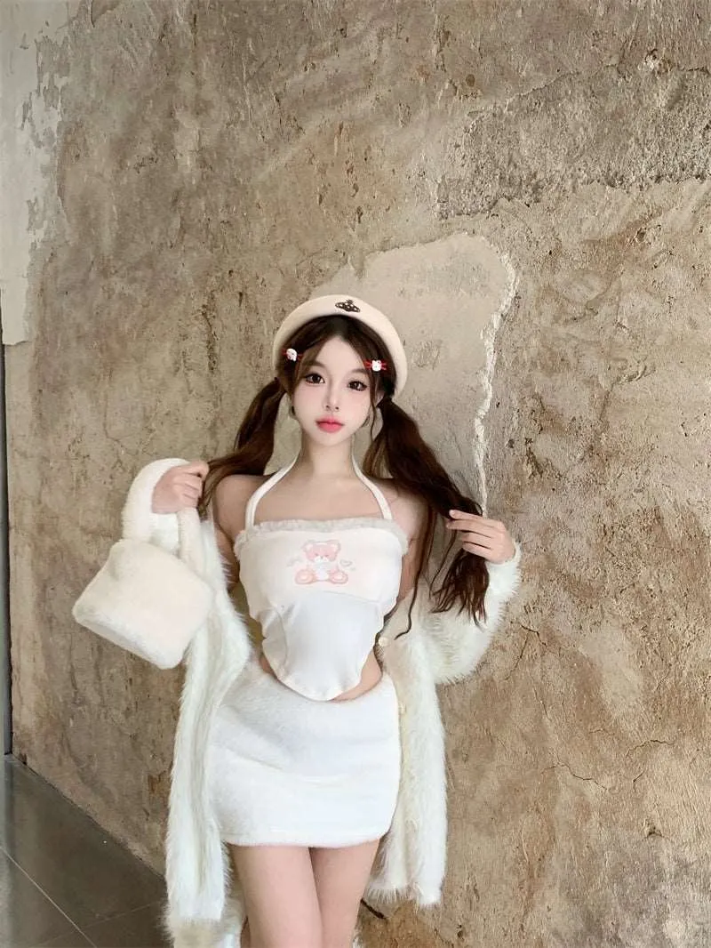 Autumn White Cream Teddy Bear Tank Top & Plush Mini Skirt & Long Faux Mink Fur Sweater Cardigan Three Piece Set