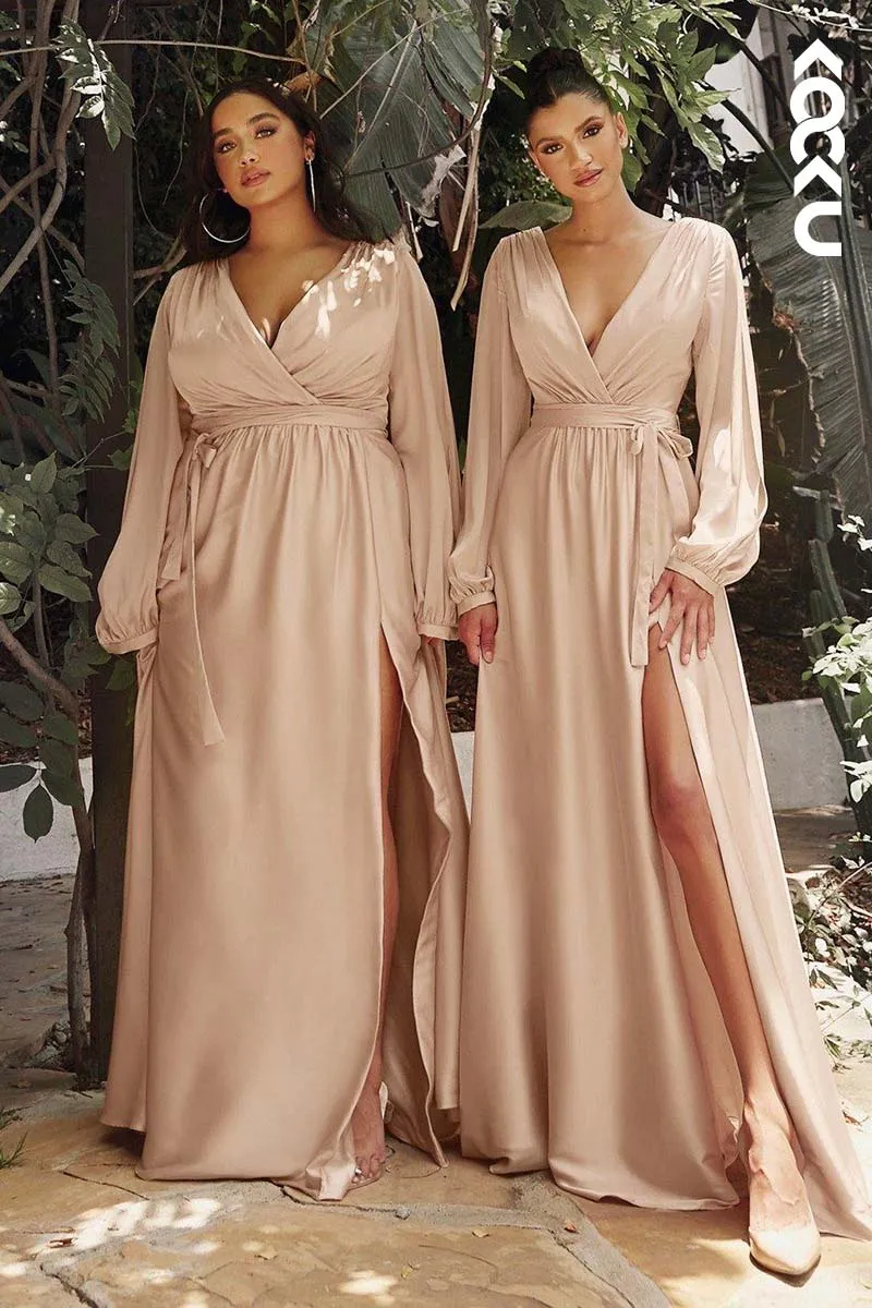 B4007 - V-Neck Long Sleeves Satin A-Line Long Bridesmaid Dress With Slit