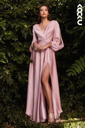 B4007 - V-Neck Long Sleeves Satin A-Line Long Bridesmaid Dress With Slit