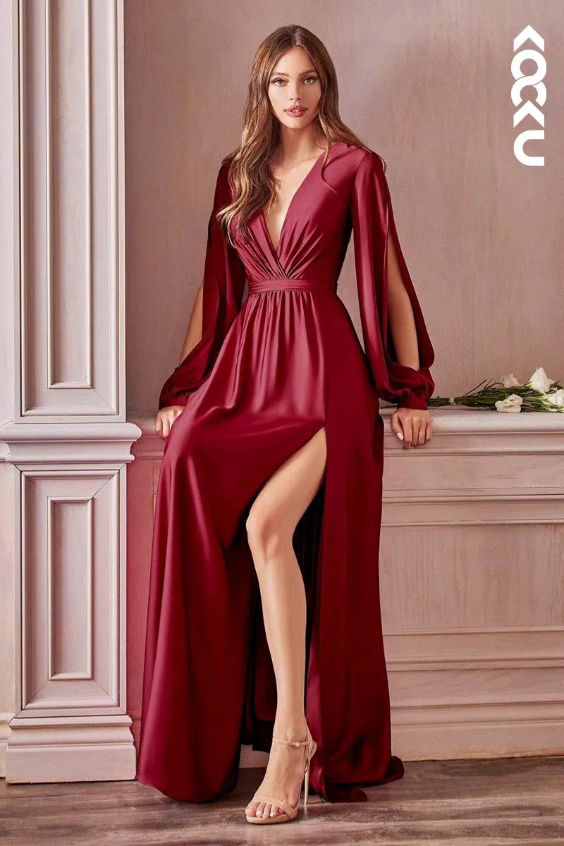 B4007 - V-Neck Long Sleeves Satin A-Line Long Bridesmaid Dress With Slit