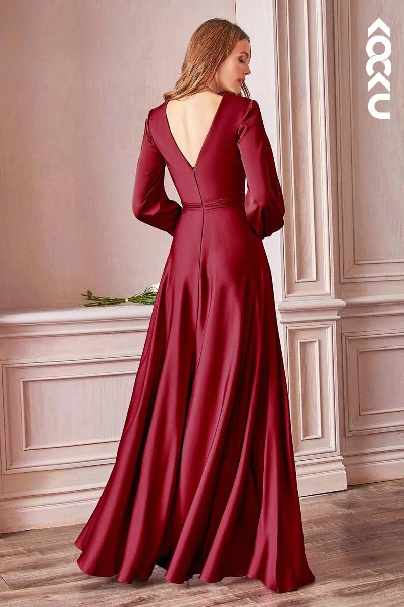 B4007 - V-Neck Long Sleeves Satin A-Line Long Bridesmaid Dress With Slit