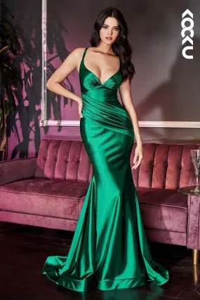 B4016 - V-Neck Ruched Satin Mermaid Long Bridesmaid Dress