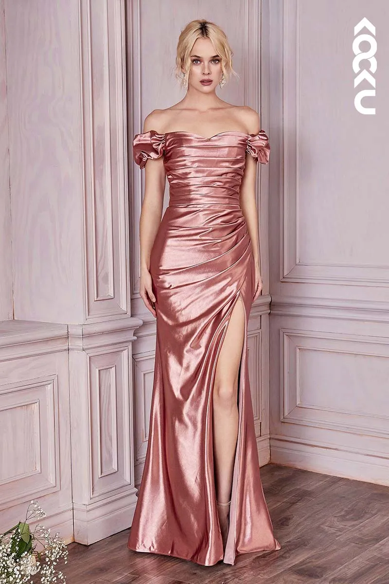 B4017 - Off-Shoulder Ruched Satin Sheath Long Bridesmaid Dress