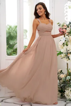 B4021 - V-Neck Ruched Cut Outs A-Line Chiffon Long Bridesmaid Dress