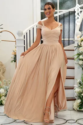 B4025 - Off-Shoulder Ruched Satin A-Line Long Bridesmaid Dress With Slit