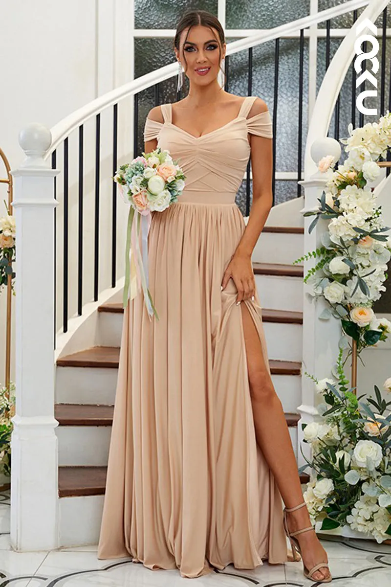 B4025 - Off-Shoulder Ruched Satin A-Line Long Bridesmaid Dress With Slit