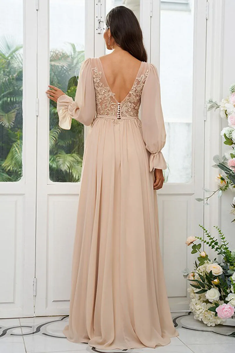 B4064 - V-Neck Long Sleeves Lace Appliqued Chiffon A-Line Bridesmaid Dress