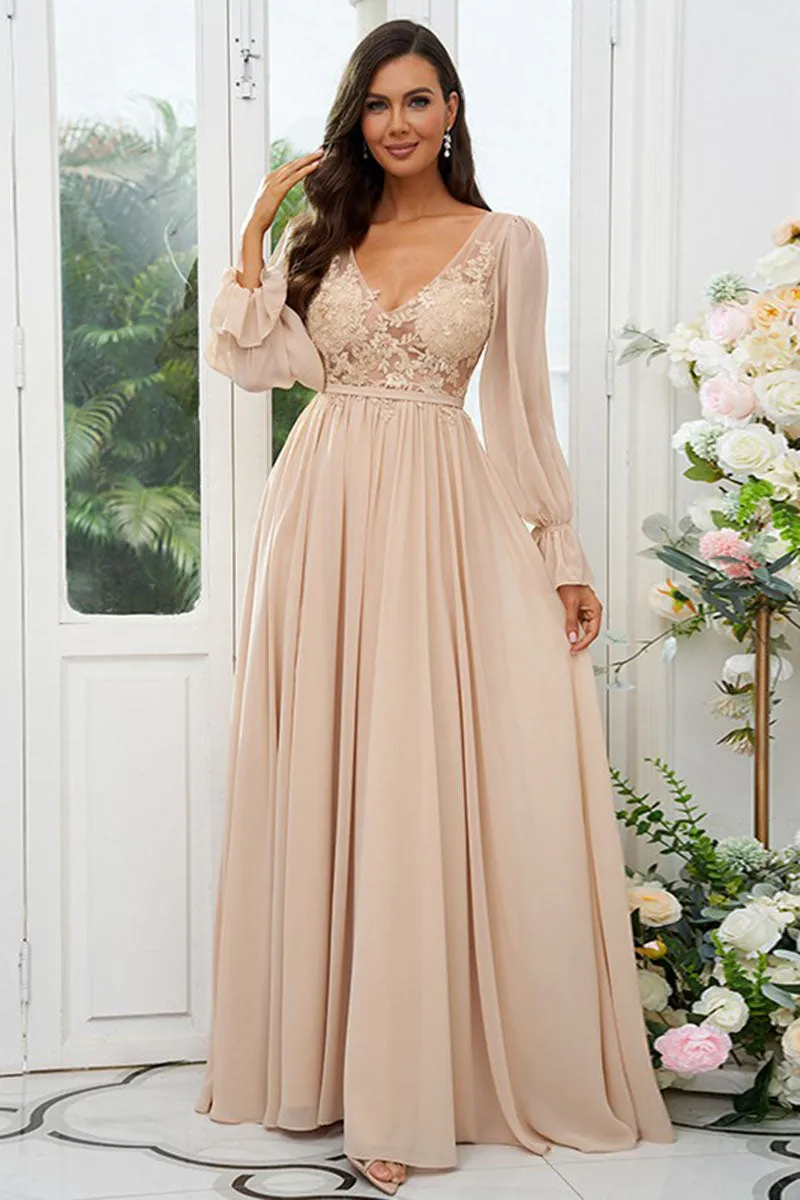 B4064 - V-Neck Long Sleeves Lace Appliqued Chiffon A-Line Bridesmaid Dress