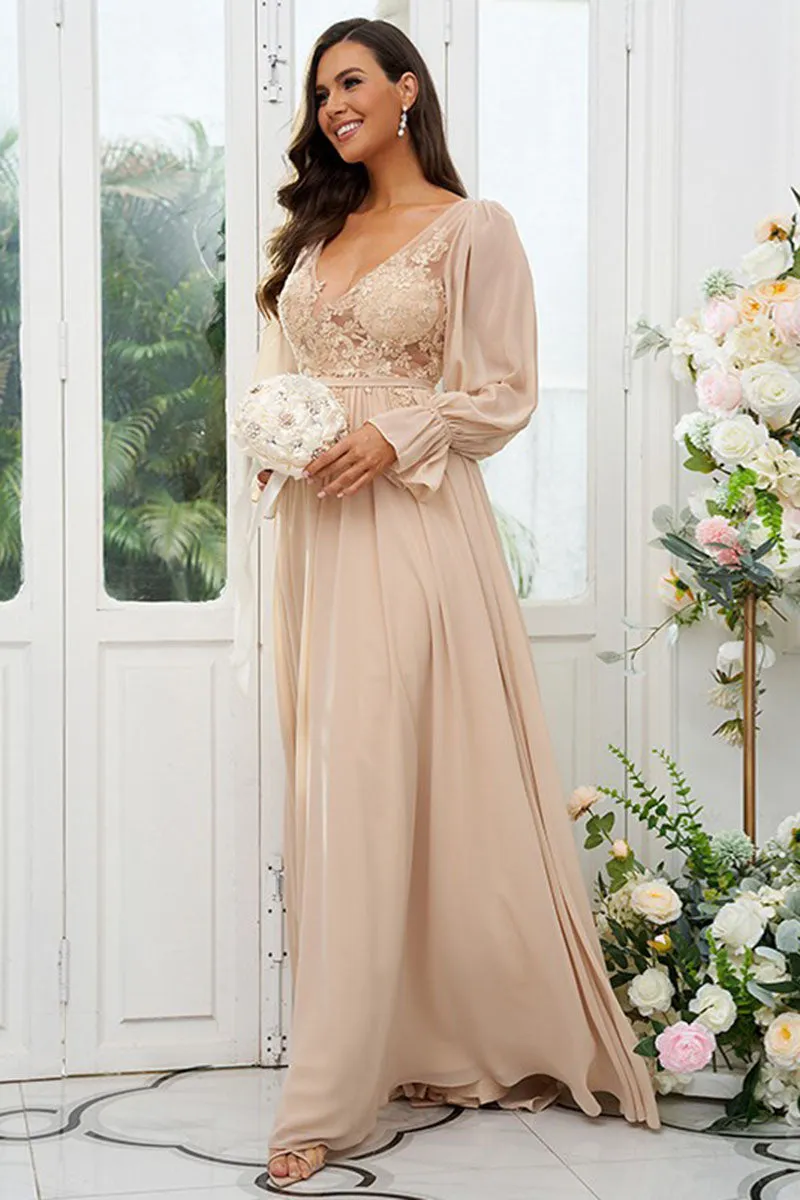 B4064 - V-Neck Long Sleeves Lace Appliqued Chiffon A-Line Bridesmaid Dress