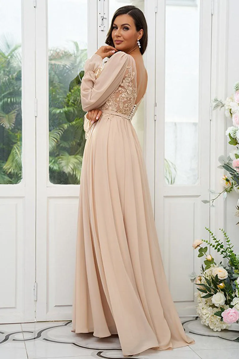 B4064 - V-Neck Long Sleeves Lace Appliqued Chiffon A-Line Bridesmaid Dress