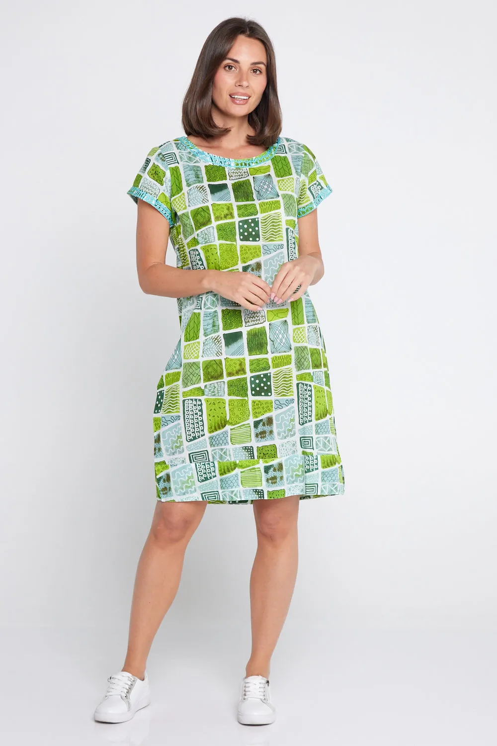 Barbara Petite Cotton Dress - Green Patch