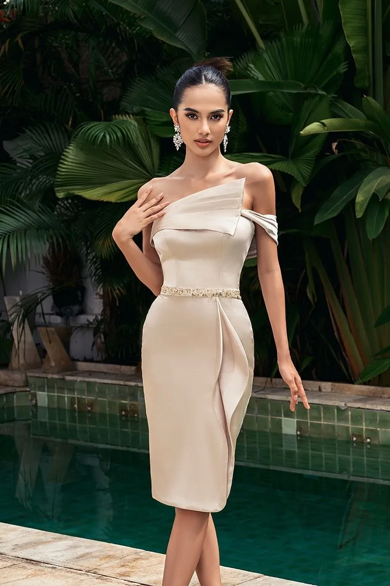 BEIGE EMBELLISHED WAIST BODYCON SILK MIDI DRESS