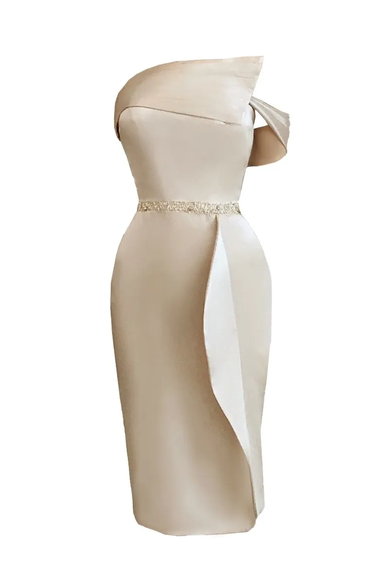 BEIGE EMBELLISHED WAIST BODYCON SILK MIDI DRESS