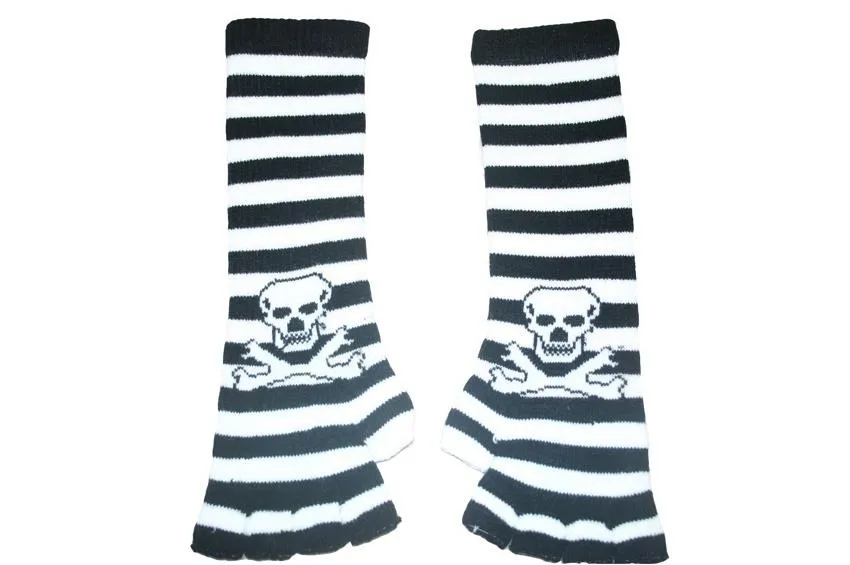 Black and White Skull Arm Length Fingerless Gloves