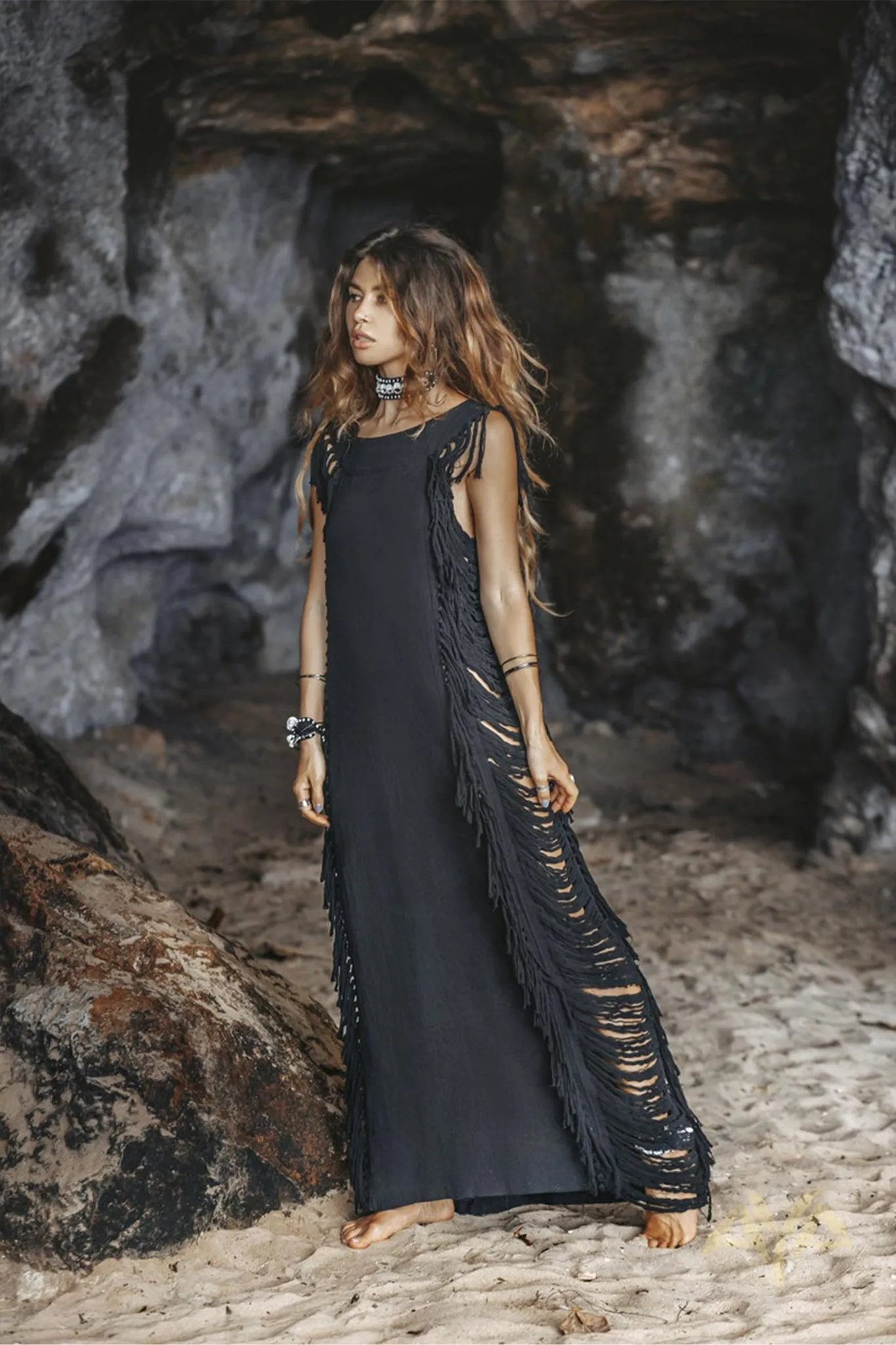 Black Boho Dress • Bohemian Dress • Ladder Sides Dress