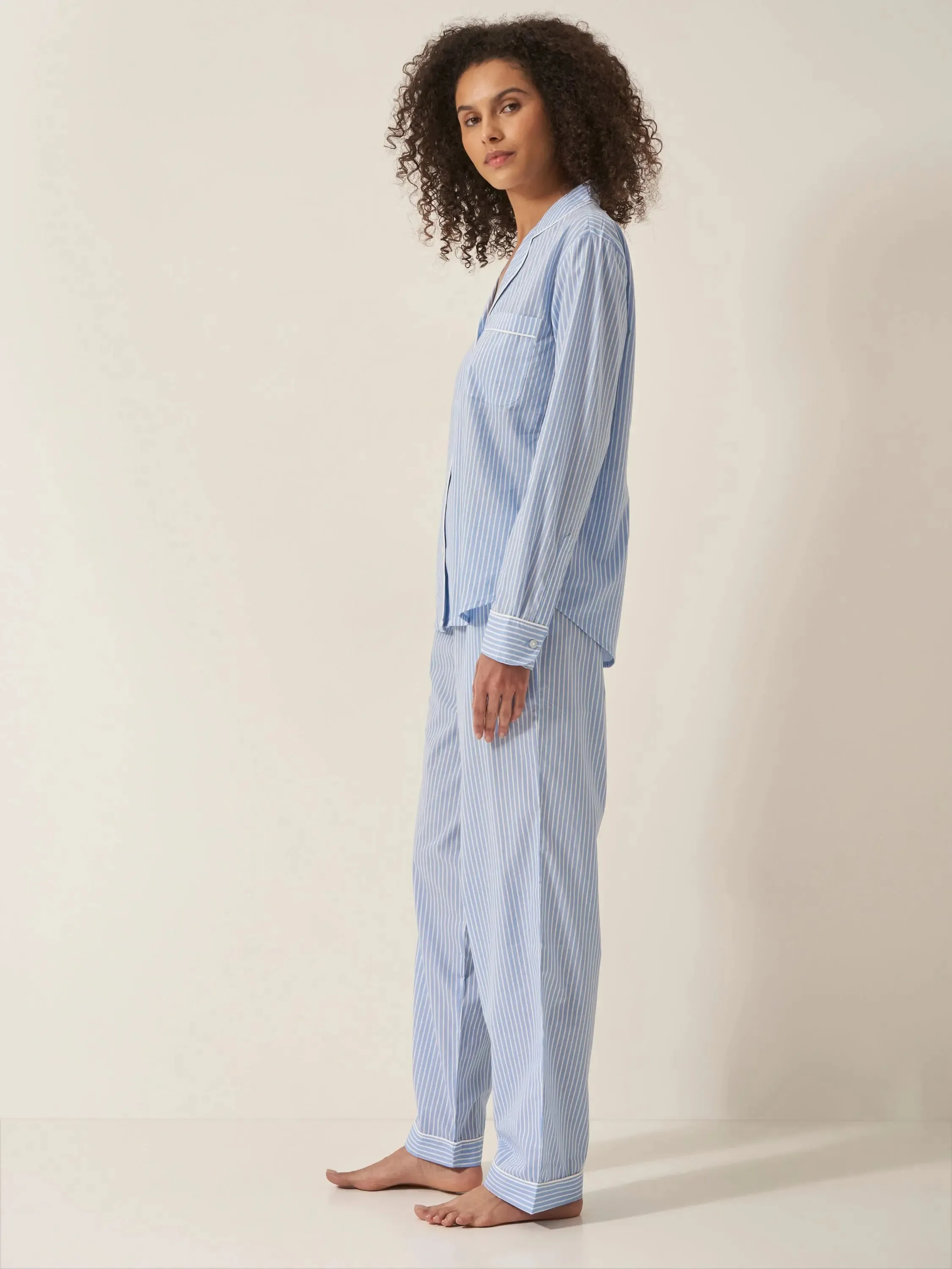 Blue & White Stripe Women's Long Sleeve Organic Cotton Pyjama Trouser Set