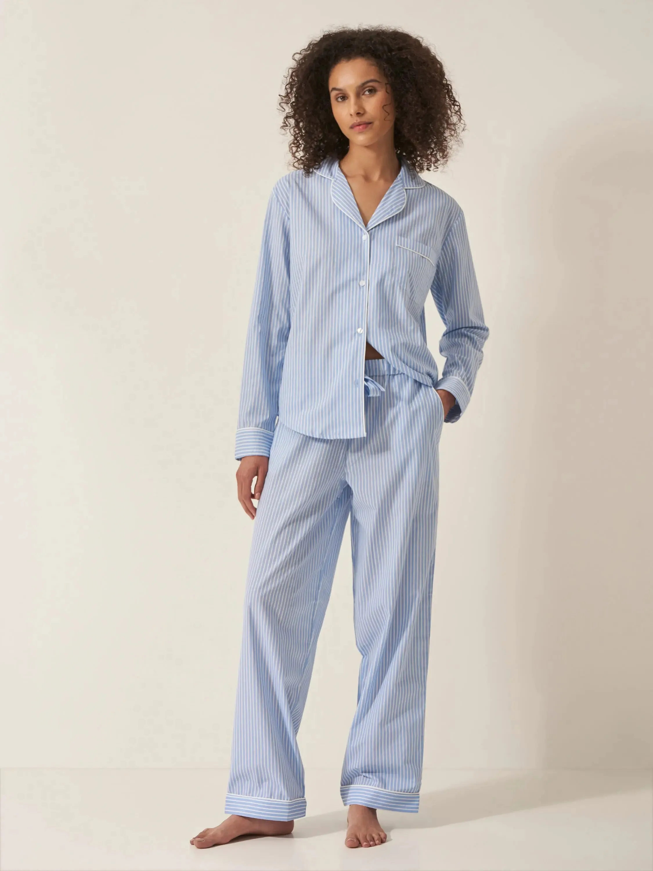 Blue & White Stripe Women's Long Sleeve Organic Cotton Pyjama Trouser Set