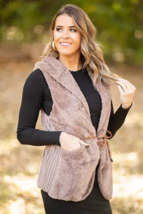 Brown Faux Fur Vest With Tie Waist