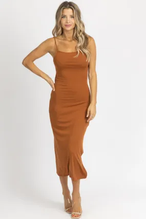 BROWN OPEN TIE-BACK MIDI DRESS