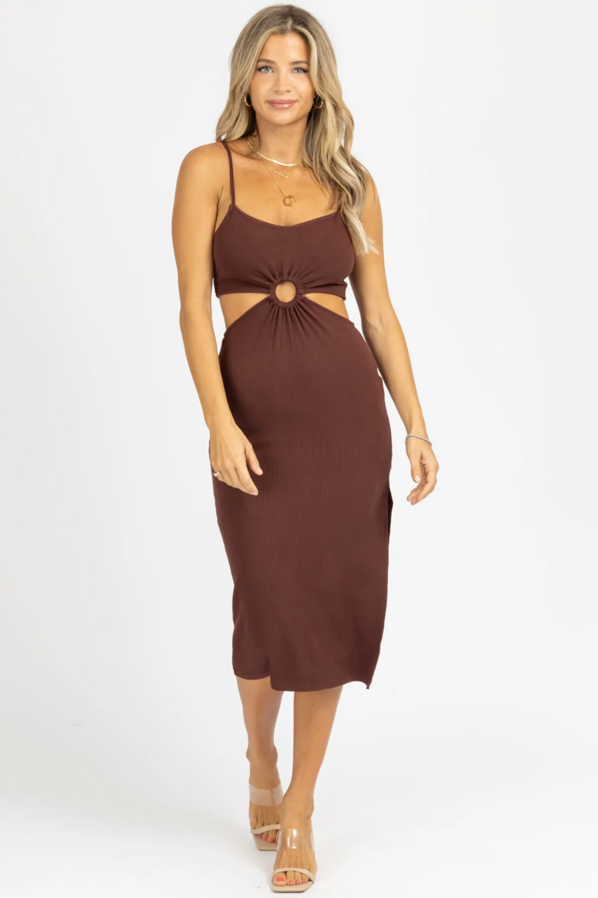 CHOCOLATE O-RING LENNON MIDI DRESS