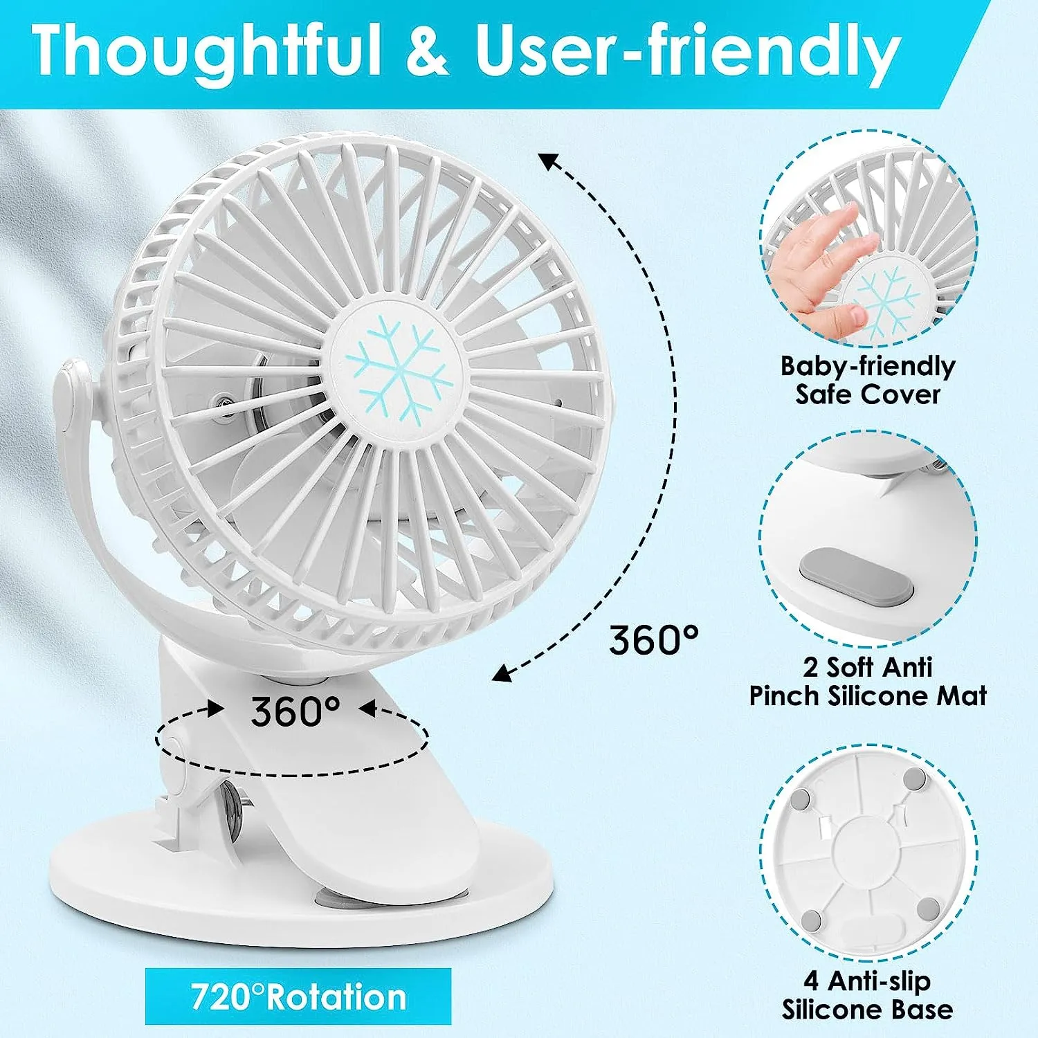 Clip-on and Desktop Cooling Fan - ideal for your sewing space - rechargeable by USB, desktop and clip on