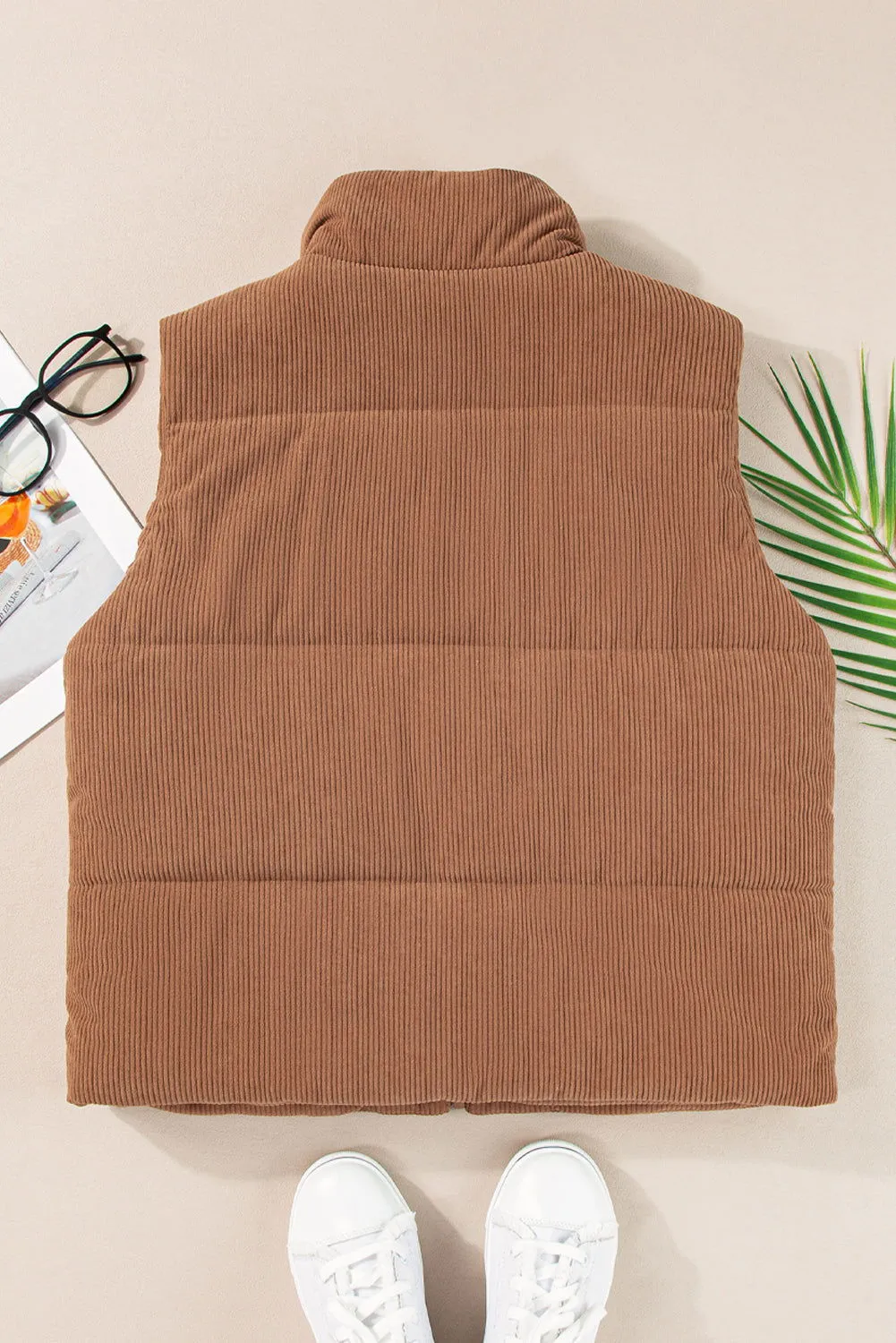 Coffee Solid Color Corduroy Puffer Vest Coat