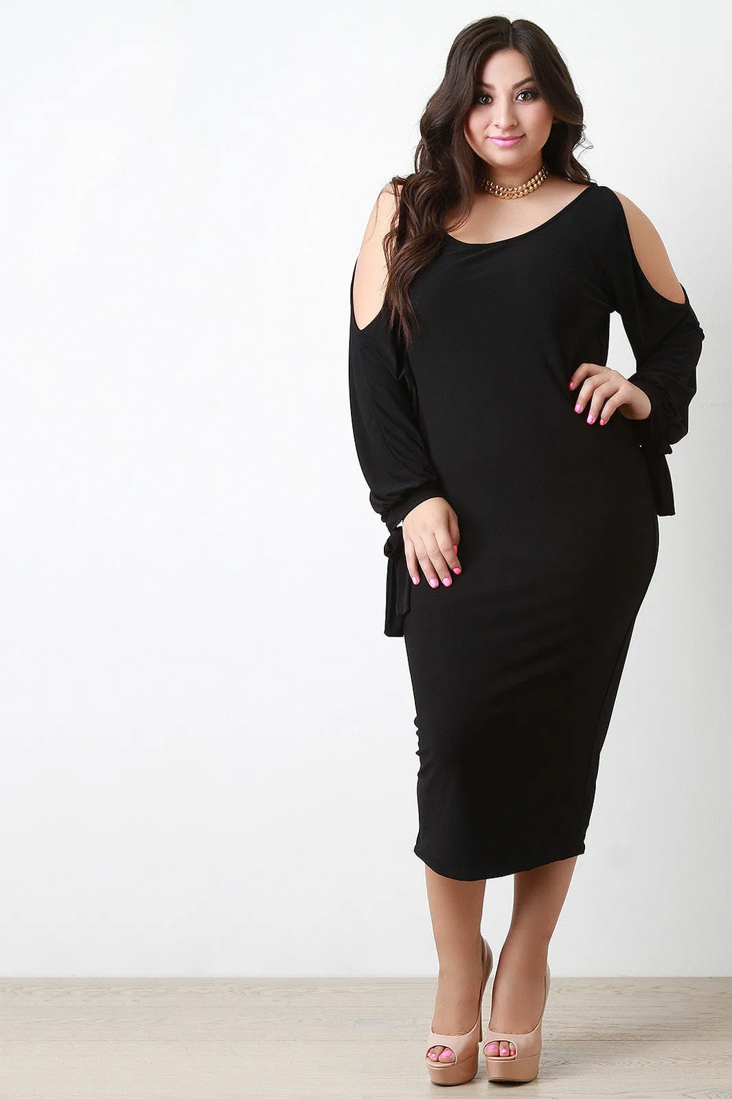 Cold Shoulder Long Sleeve Midi Dress