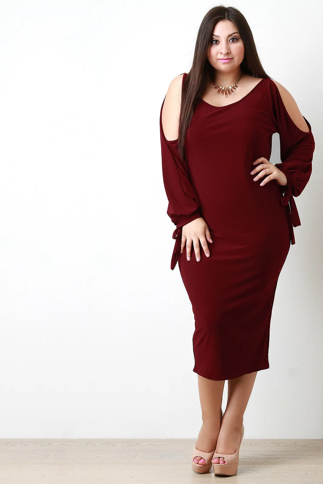 Cold Shoulder Long Sleeve Midi Dress