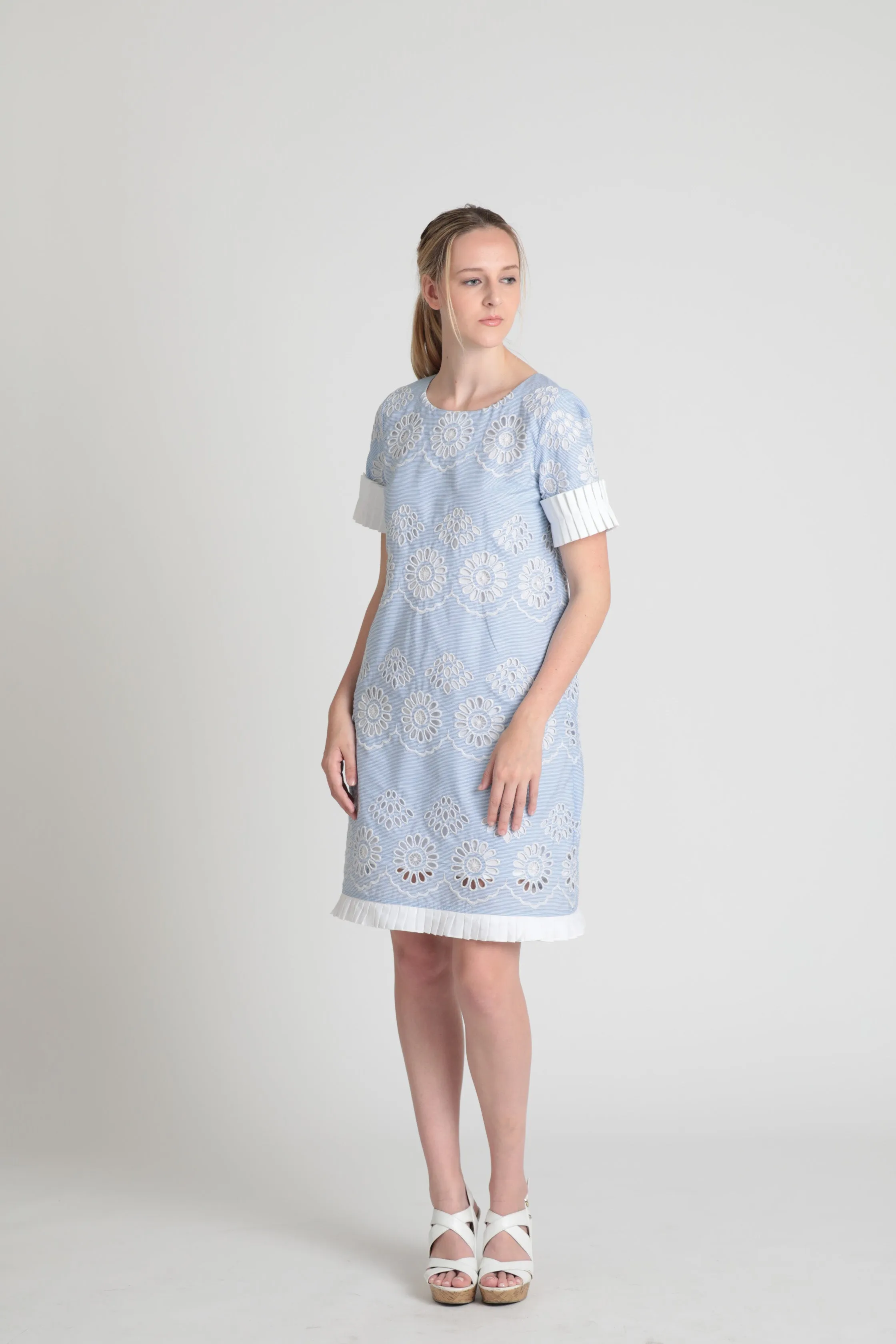 Cotton pinstripe floral embroidery shift dress