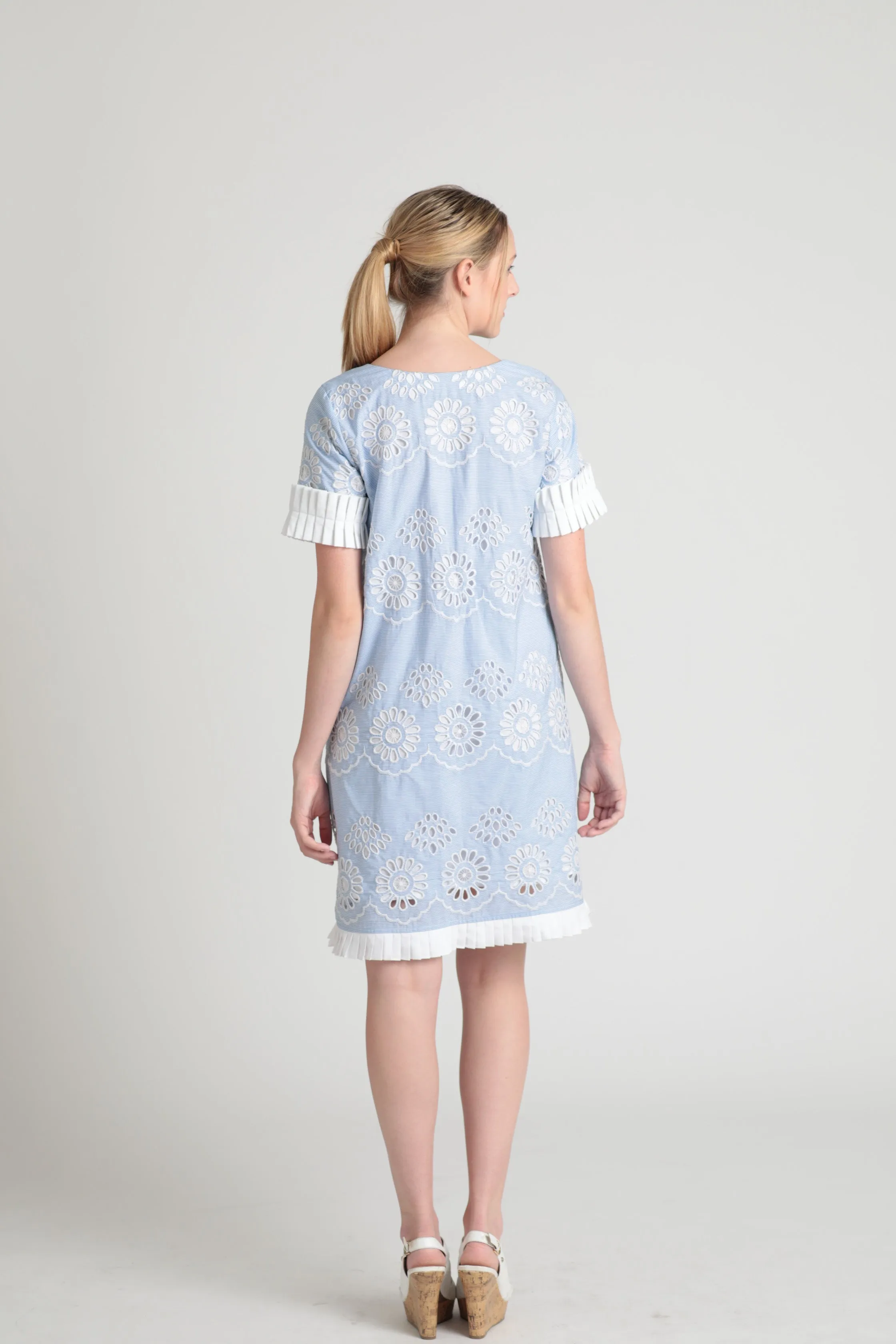 Cotton pinstripe floral embroidery shift dress