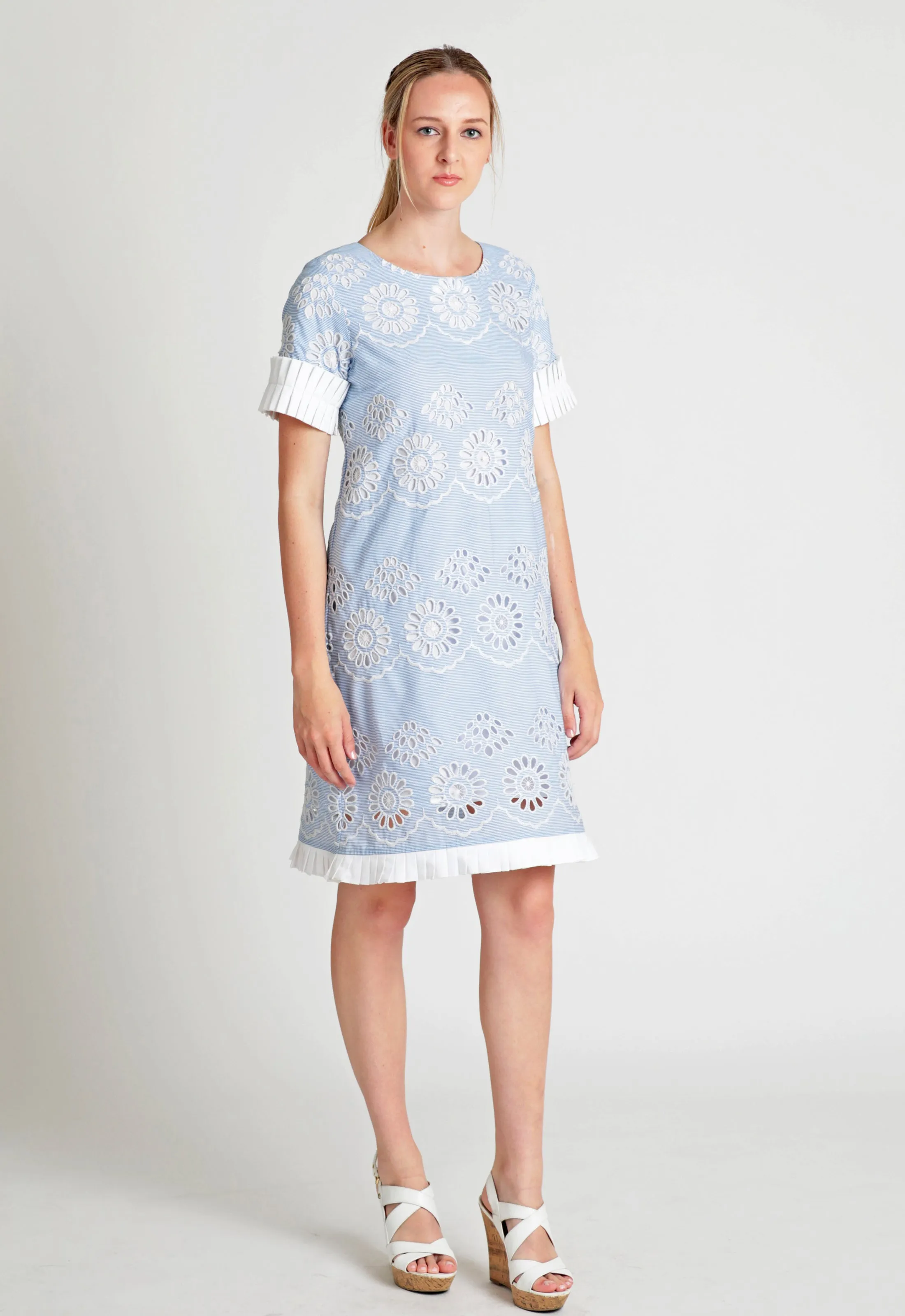 Cotton pinstripe floral embroidery shift dress