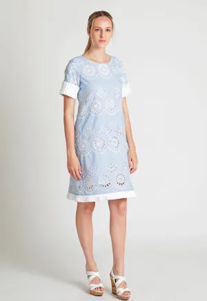 Cotton pinstripe floral embroidery shift dress