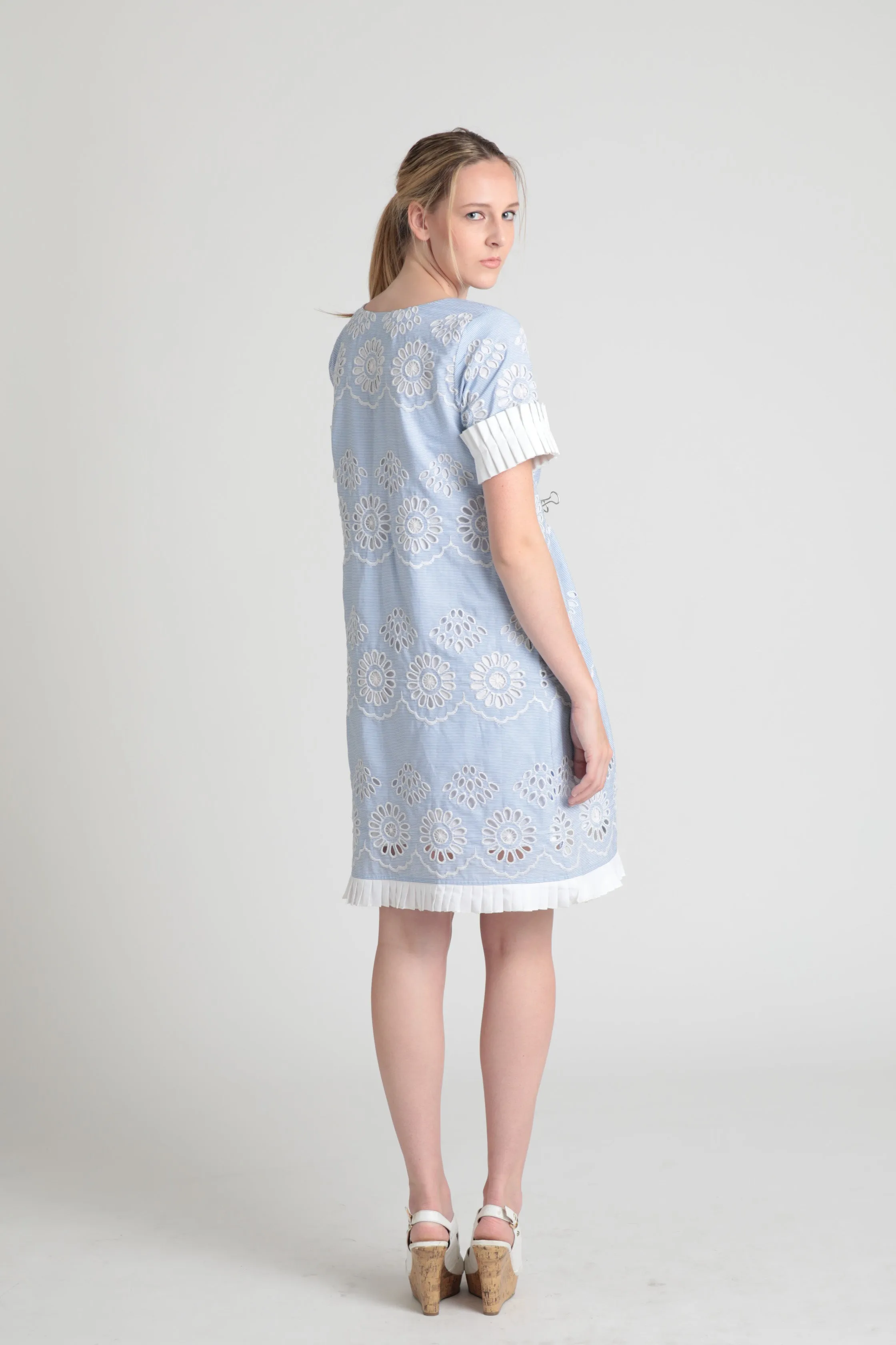 Cotton pinstripe floral embroidery shift dress