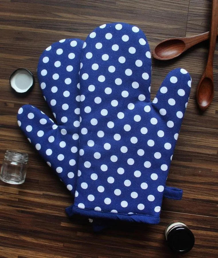 Cotton Polka Dot Blue Oven Gloves Pack Of 2