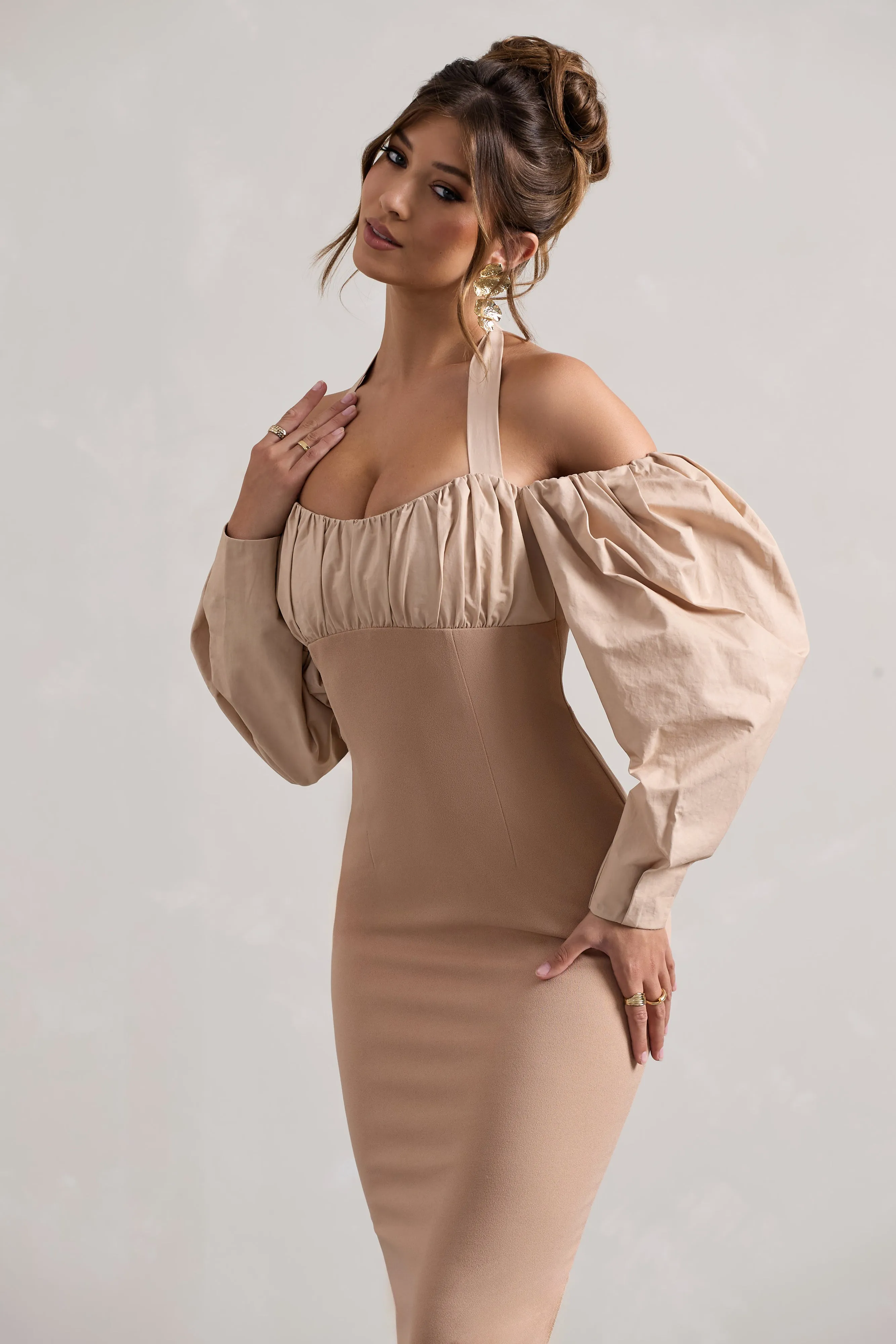 Couture Client | Champagne Halter-Neck Puff Sleeve Midi Dress