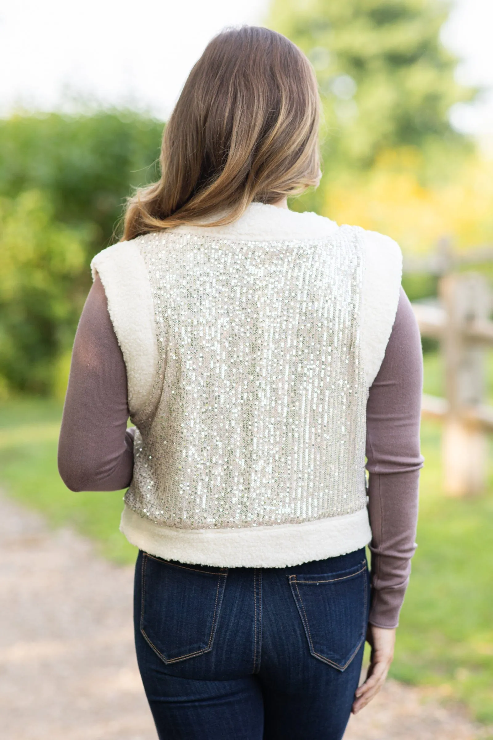 Cream and Silver Glitter Faux Fur Vest