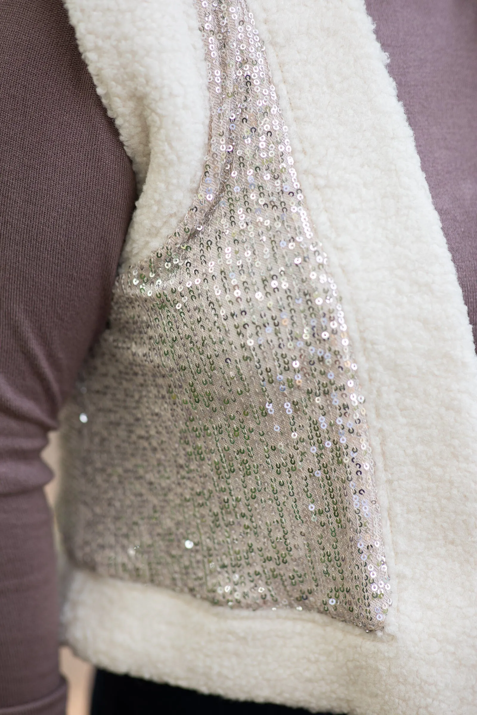 Cream and Silver Glitter Faux Fur Vest