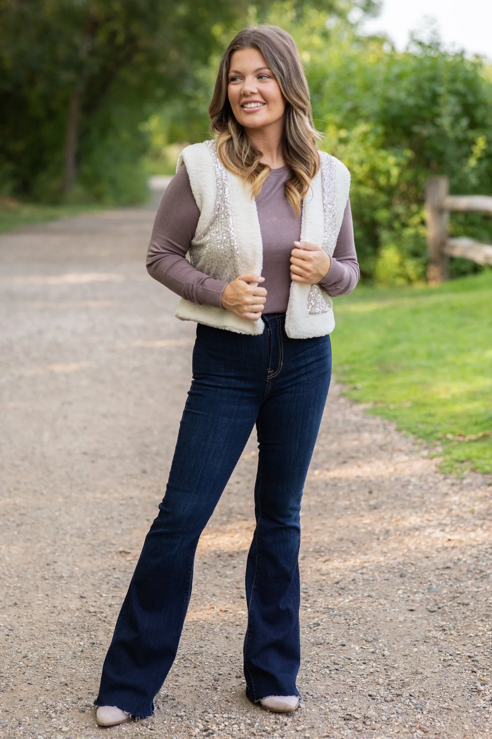 Cream and Silver Glitter Faux Fur Vest