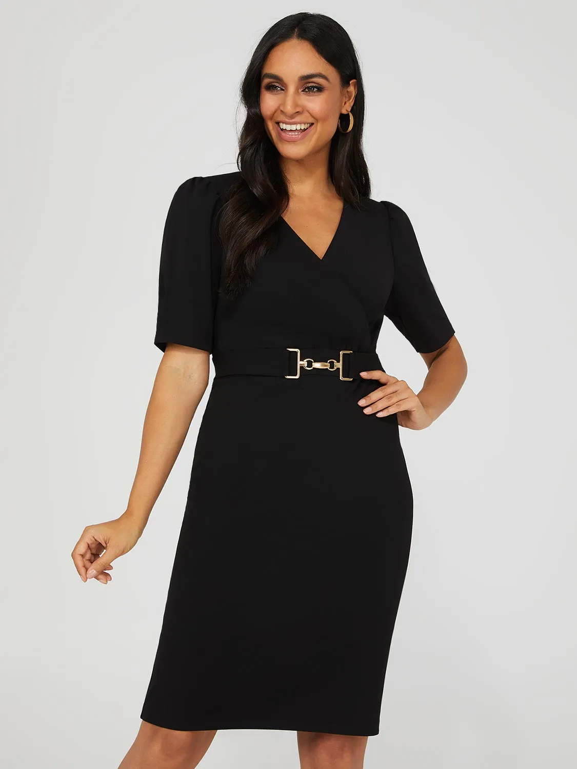 Crossover Crepe Sheath Dress With Belt