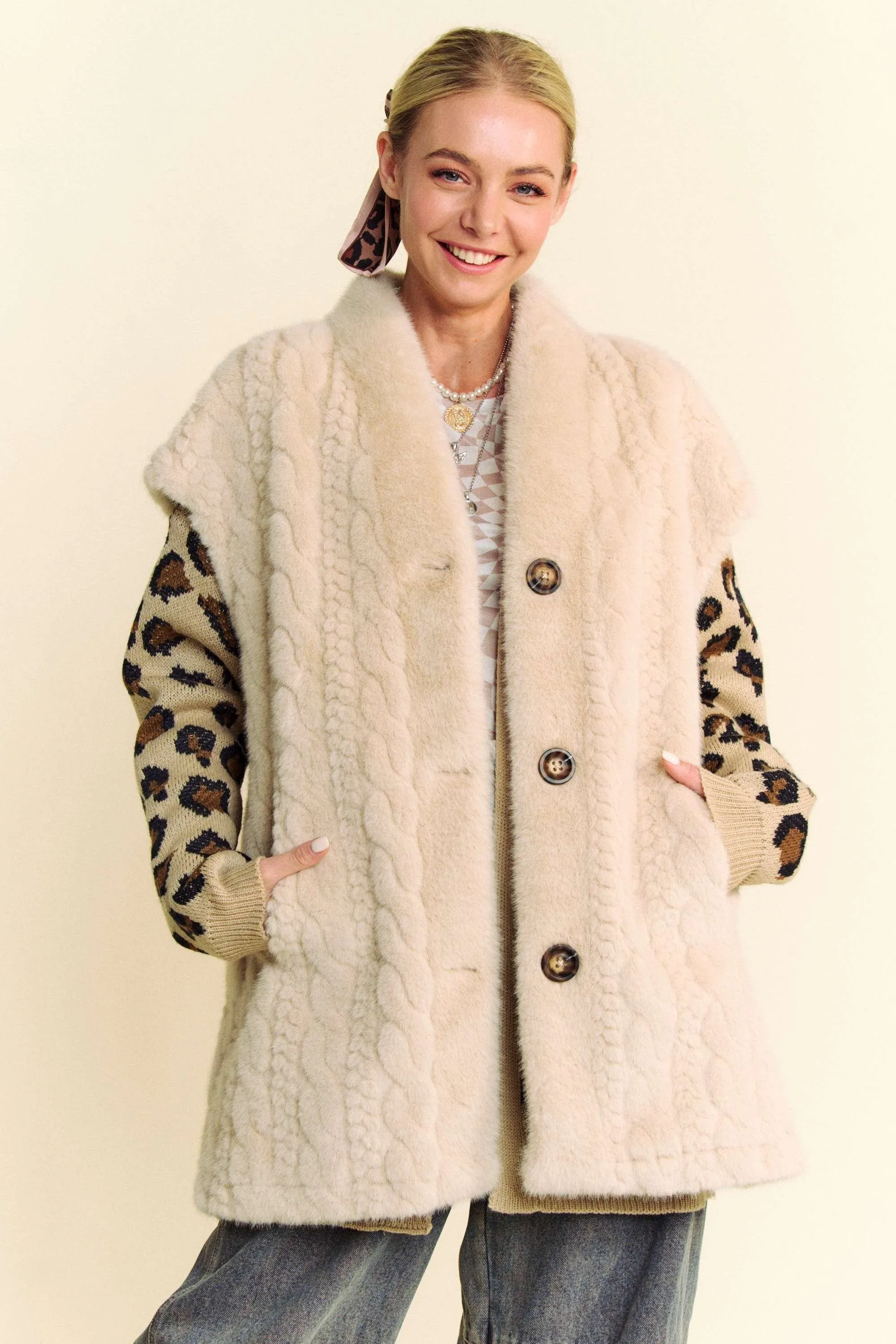 Davi & Dani Single Breasted Button Down Fur Vest in Cream