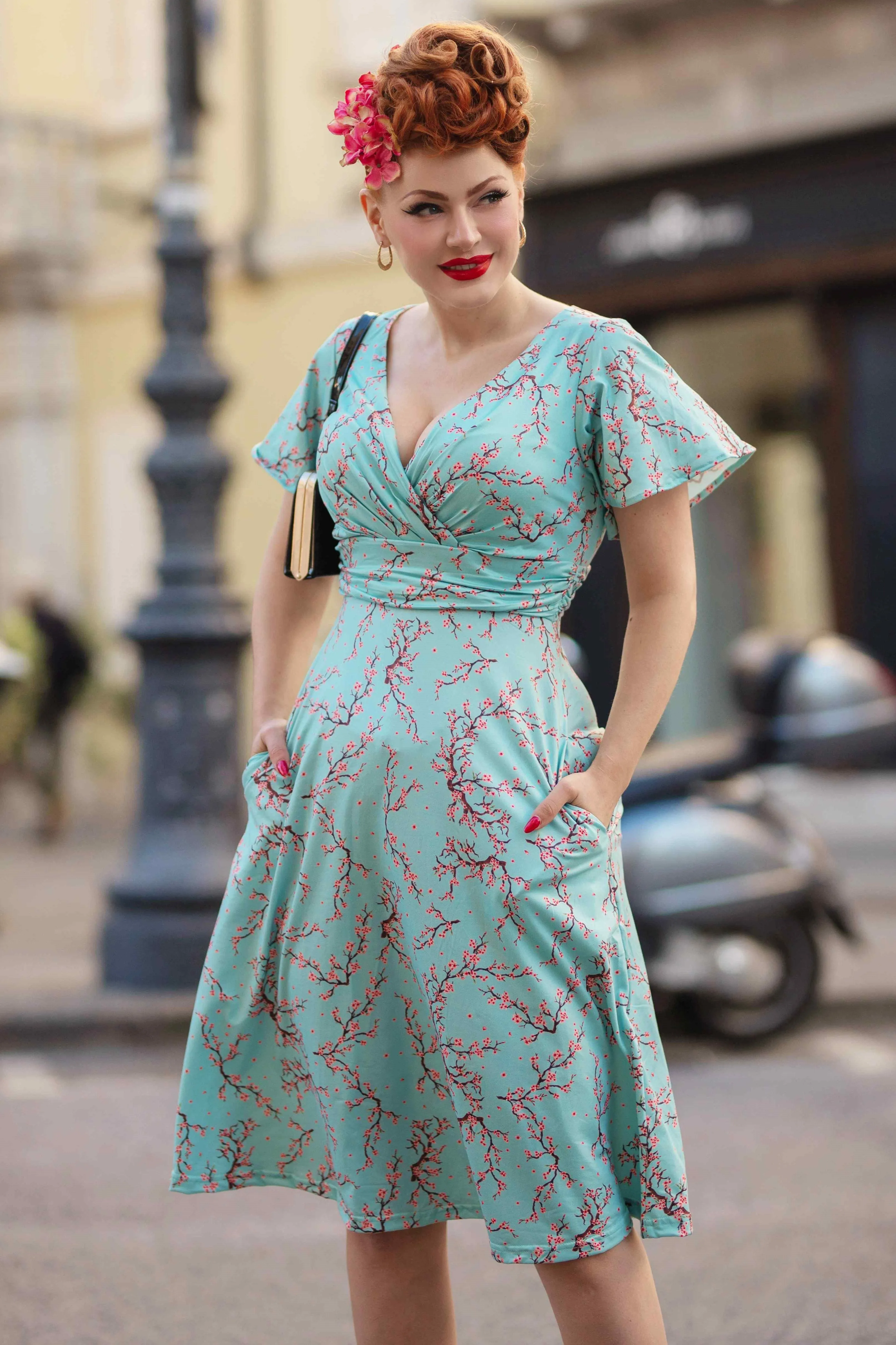 Donna Light Blue Cherry Blossom Tea Dress