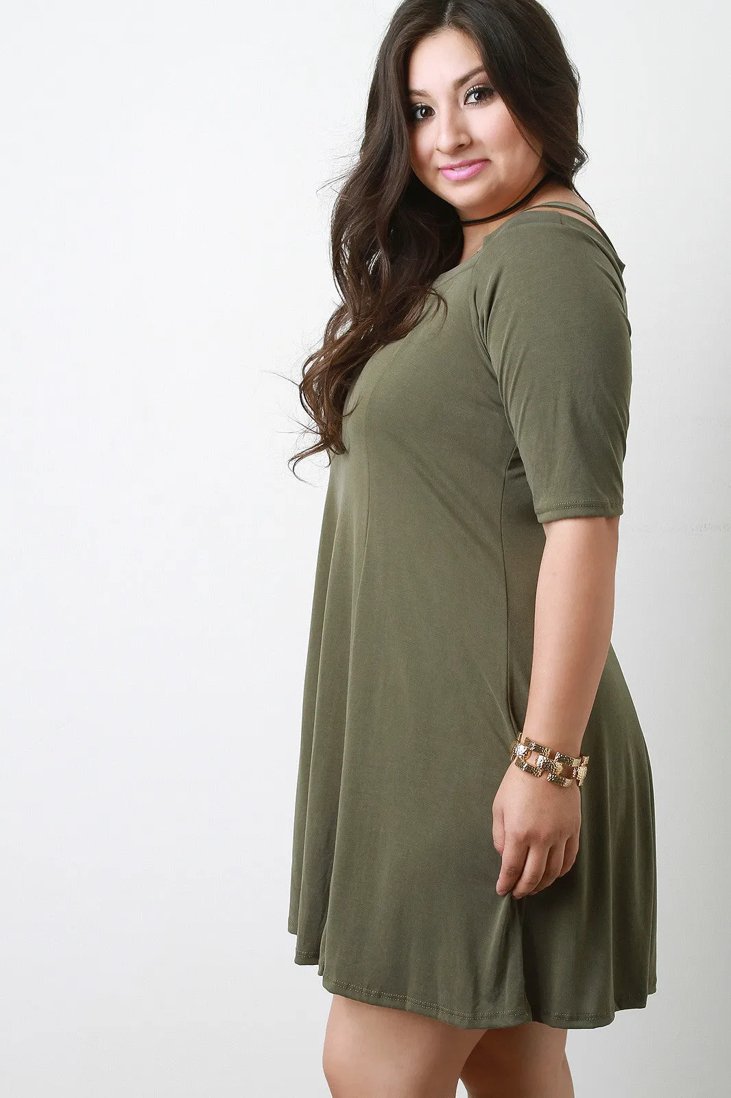 Elbow Sleeve Cold Shoulder Shift Dress