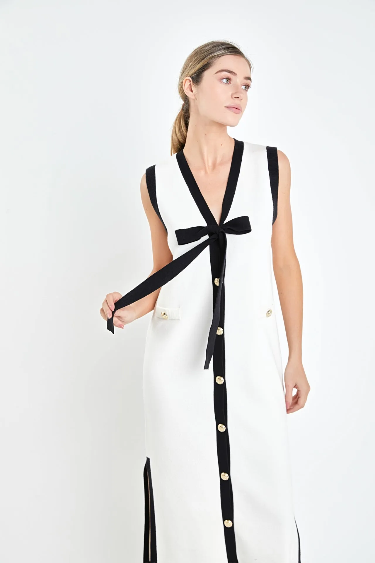 English Factory - Knit Midi Dress With Ribbon Tie