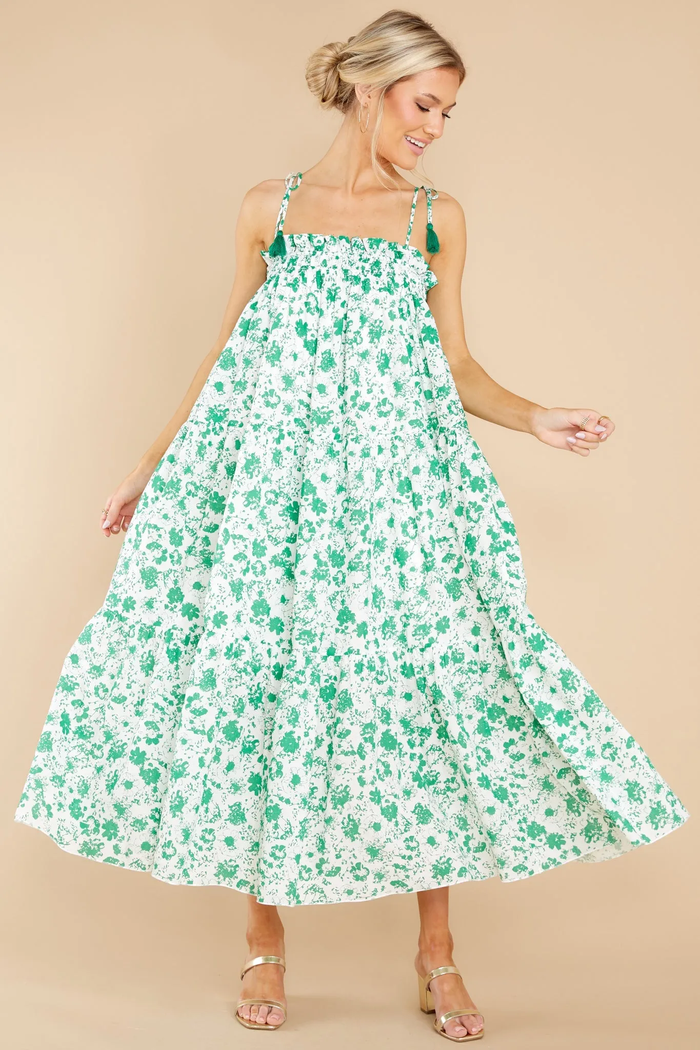 Feel The Breeze White And Green Floral Print Midi Dress